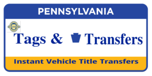 A blue and yellow pennsylvania state sign with the words pennsylvania state department vehicle title transfer.