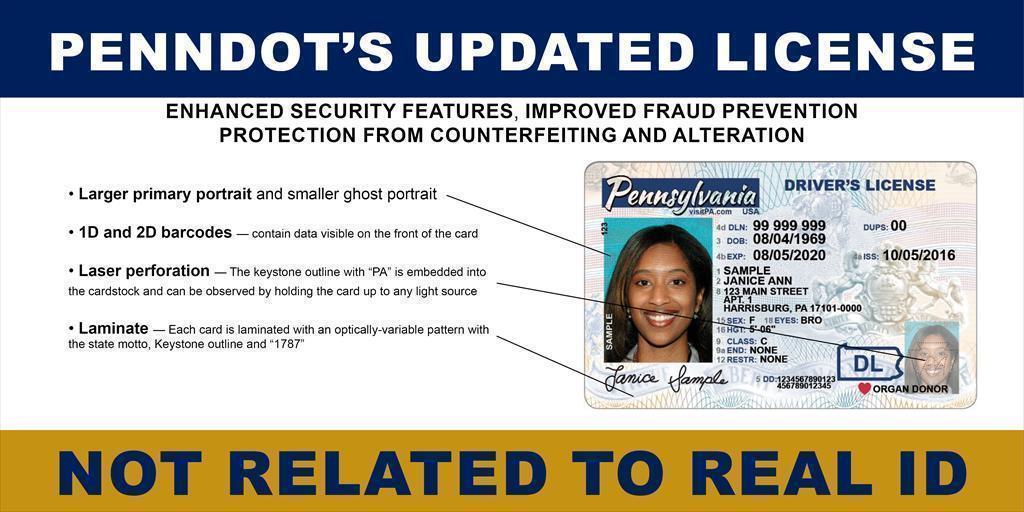 A pennsylvania id card with the words, " dot 's updated list ".