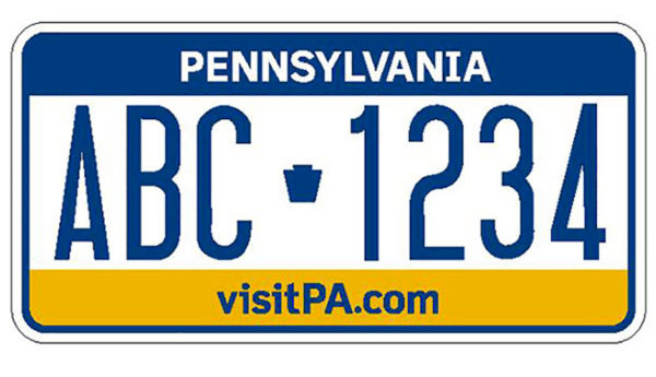 A pennsylvania license plate with the state number bc-1 2 3.